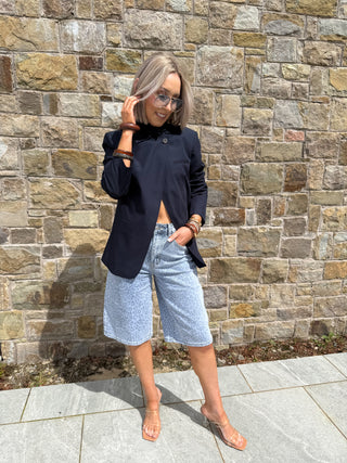 Beata Funnel Neck Tailored Blazer - Navy