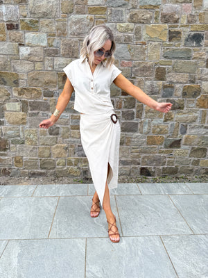 Ava Linen Buckle Midi Skirt - Beige
