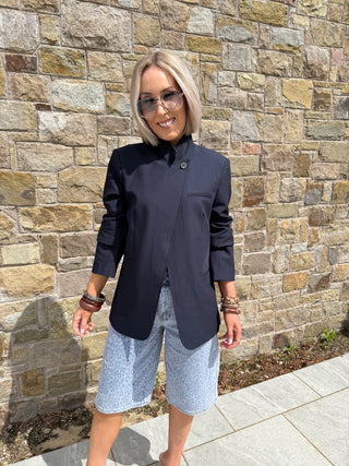 Beata Funnel Neck Tailored Blazer - Navy