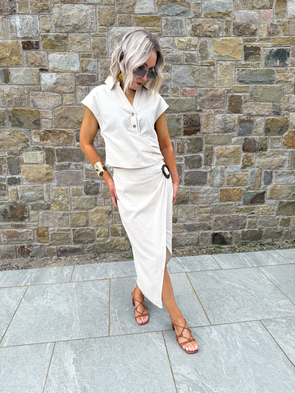 Ava Linen Buckle Midi Skirt - Beige