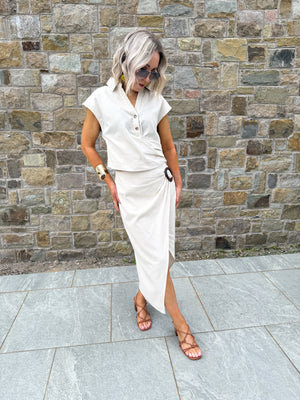 Ava Linen Buckle Midi Skirt - Beige
