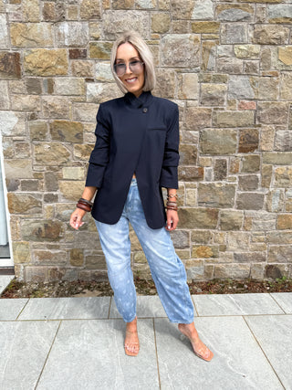 Beata Funnel Neck Tailored Blazer - Navy