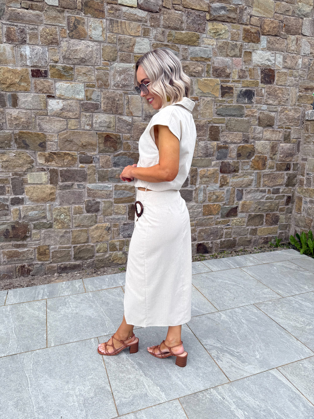 Ava Linen Buckle Midi Skirt - Beige