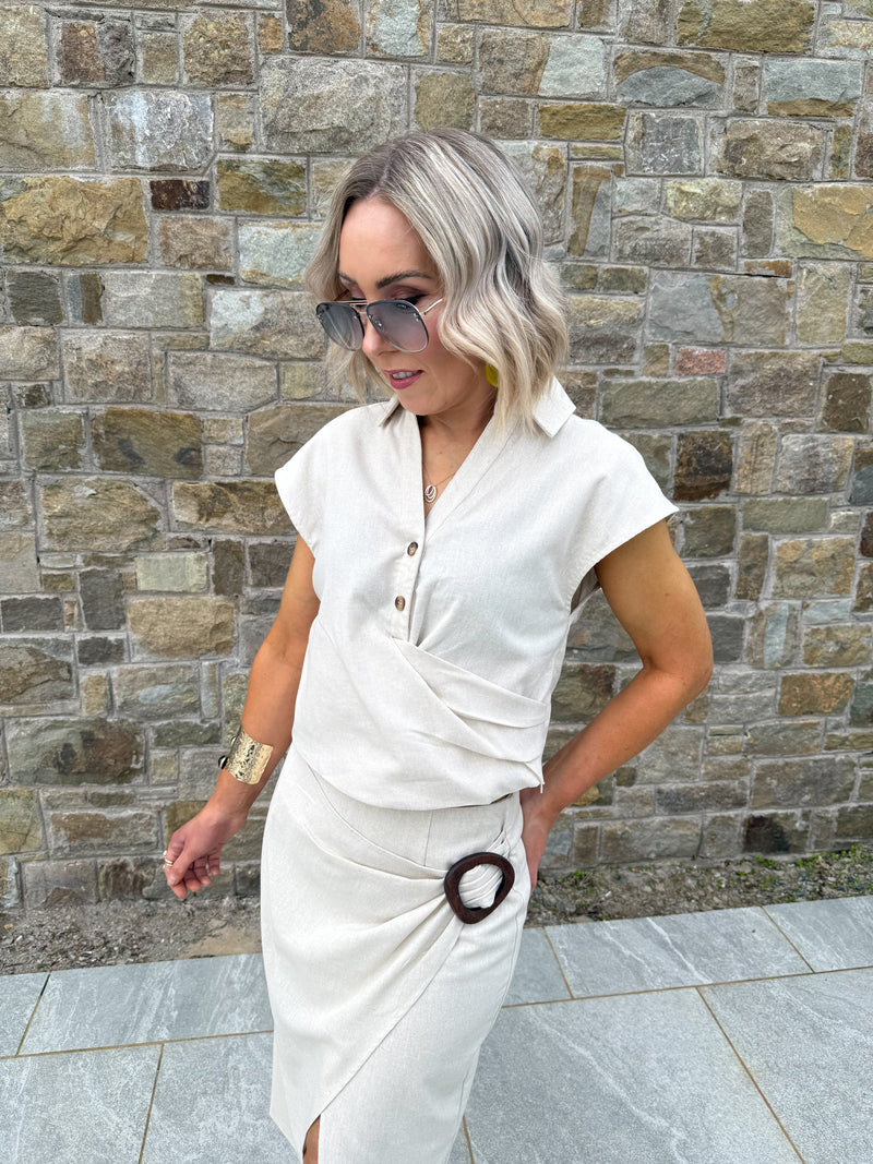 Eve Pleated Linen Top - Beige