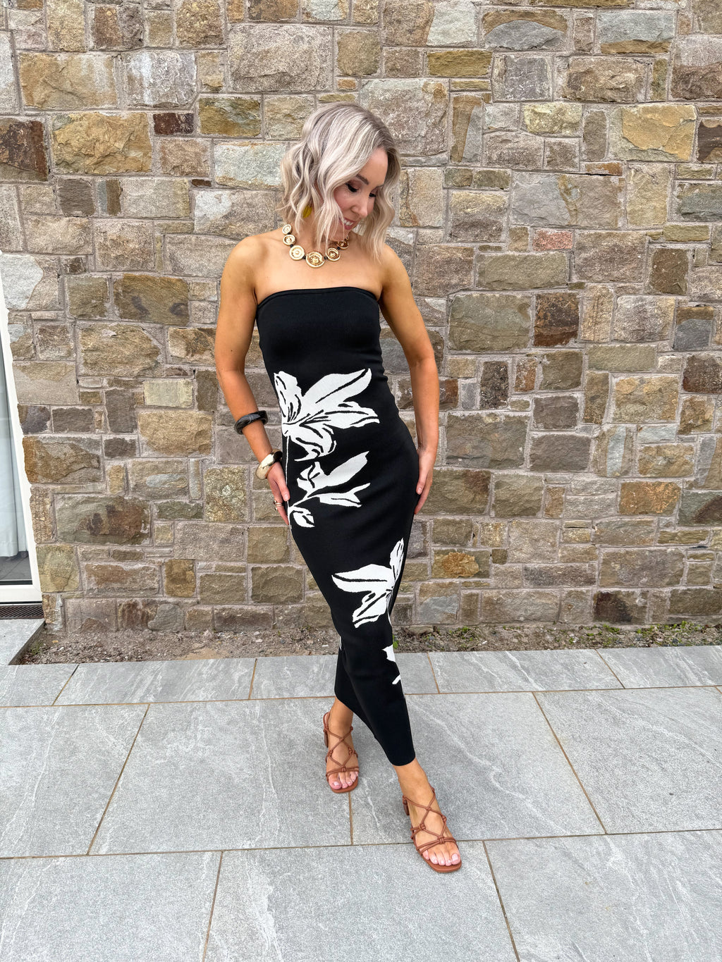 Milena Floral Bandeau Knit Midaxi - Black & Cream