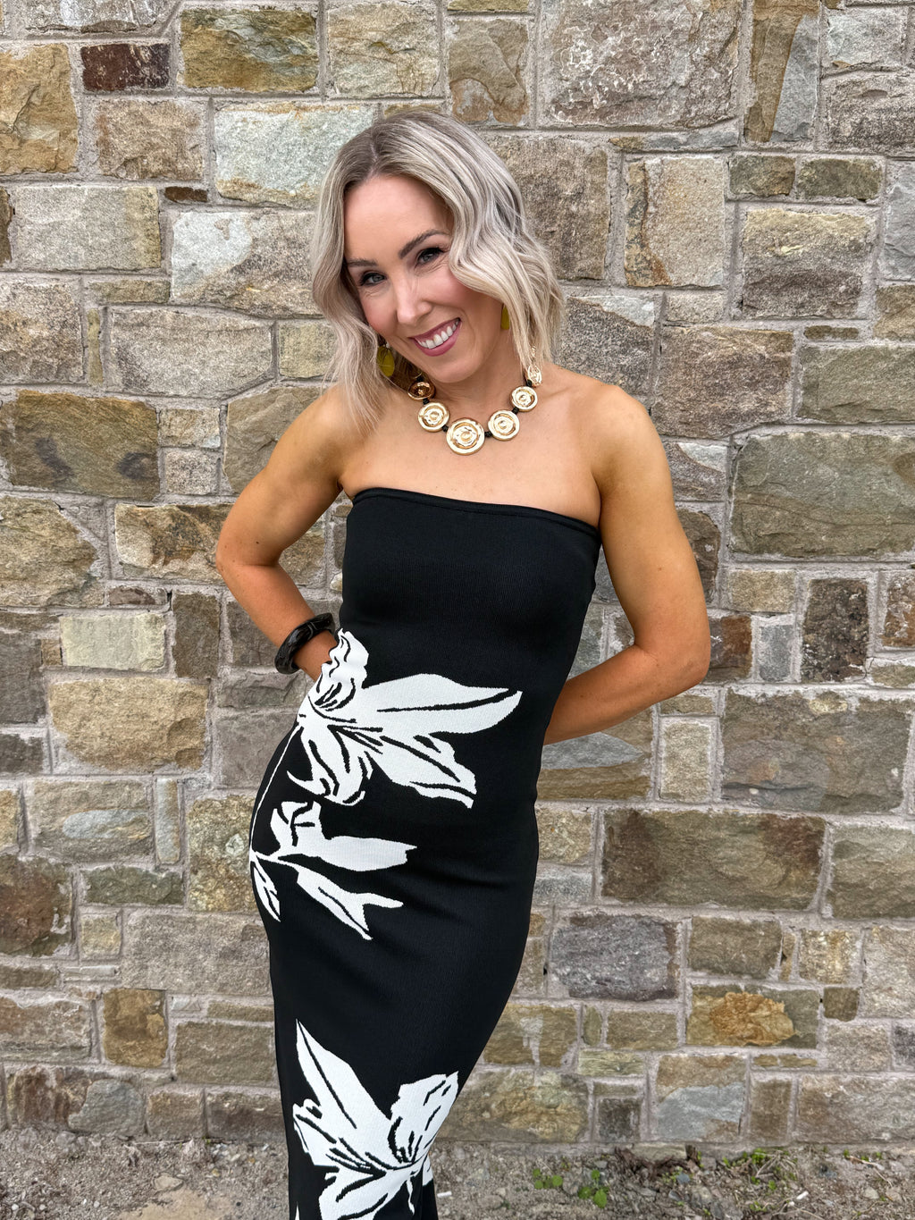 Milena Floral Bandeau Knit Midaxi - Black & Cream