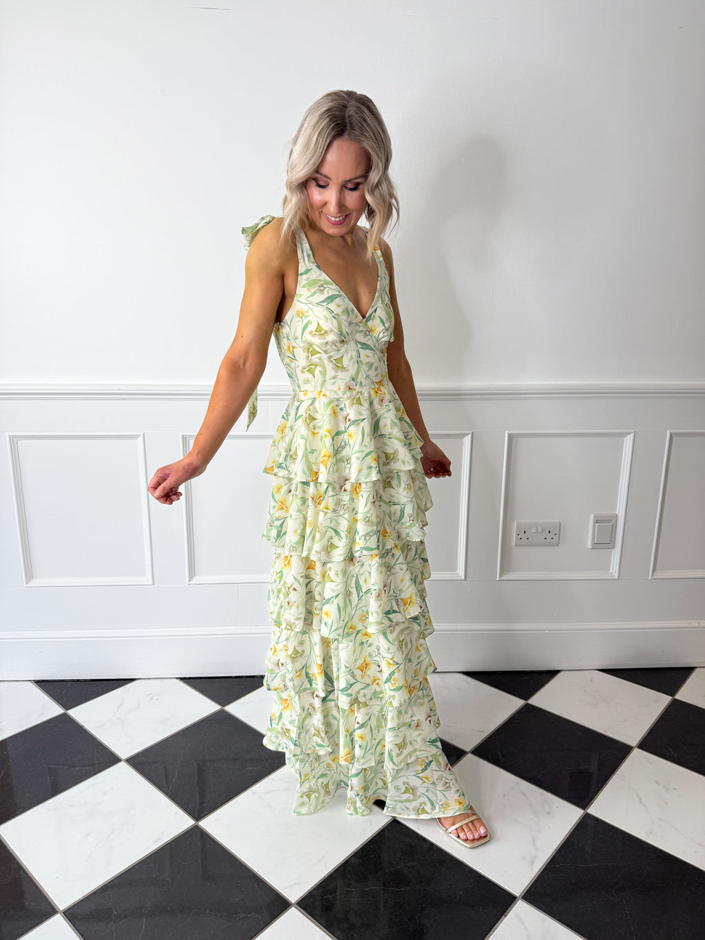 Fiore Tie Ruffle Maxi Dress - Sage Floral