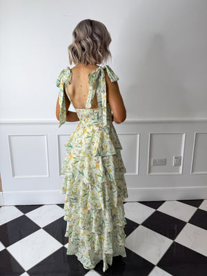 Fiore Tie Ruffle Maxi Dress - Sage Floral