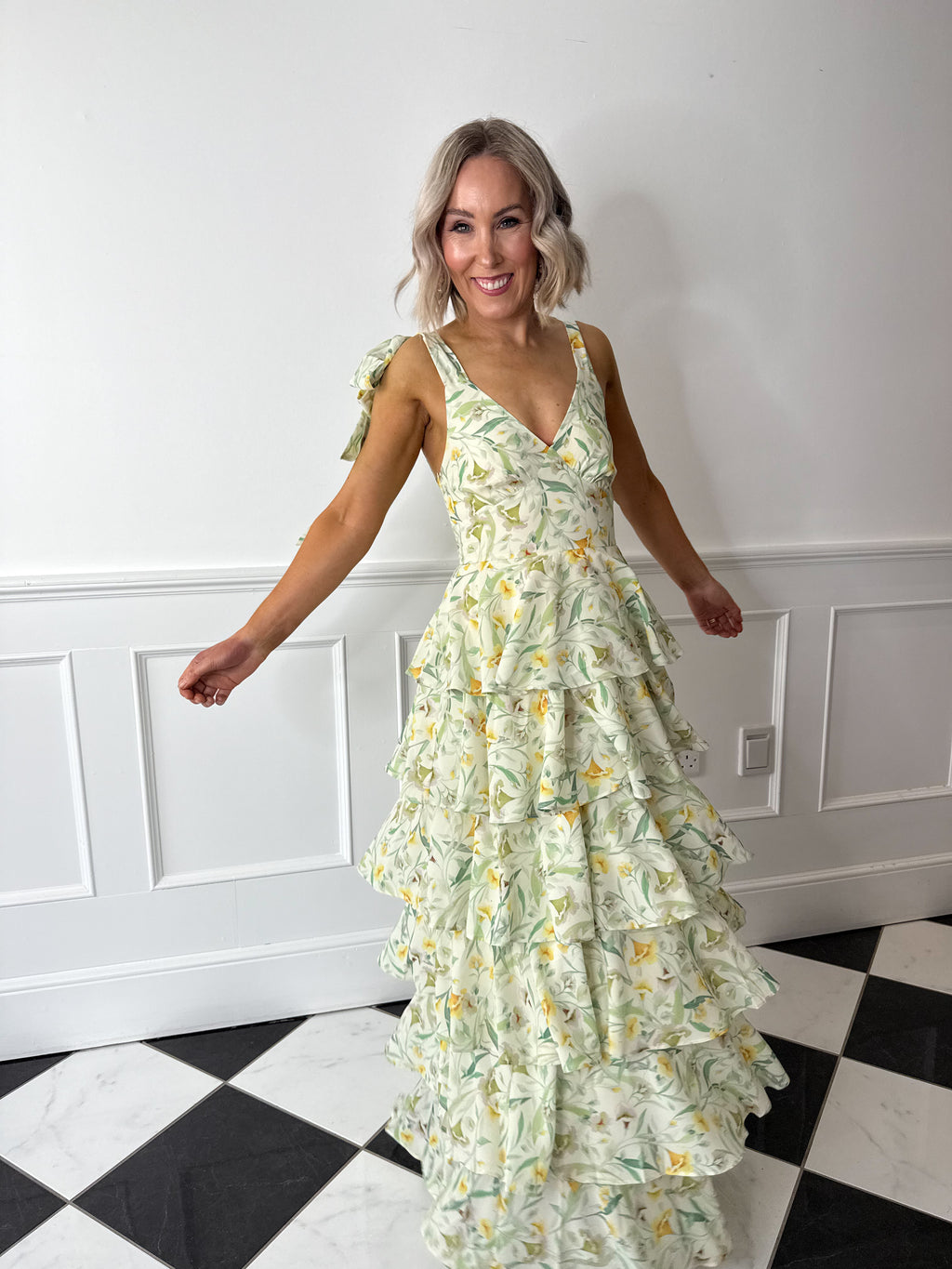 Fiore Tie Ruffle Maxi Dress - Sage Floral