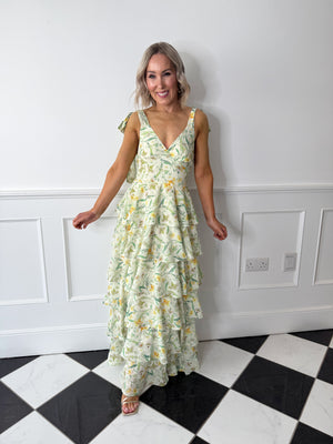 Fiore Tie Ruffle Maxi Dress - Sage Floral