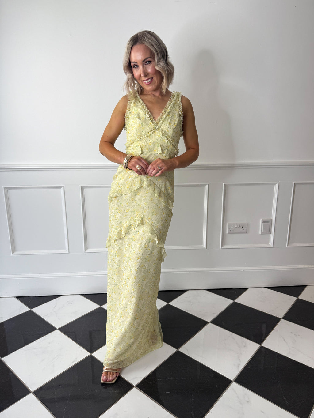 Aurelia Ruffle Maxi Dress - Lime Ditsy Floral