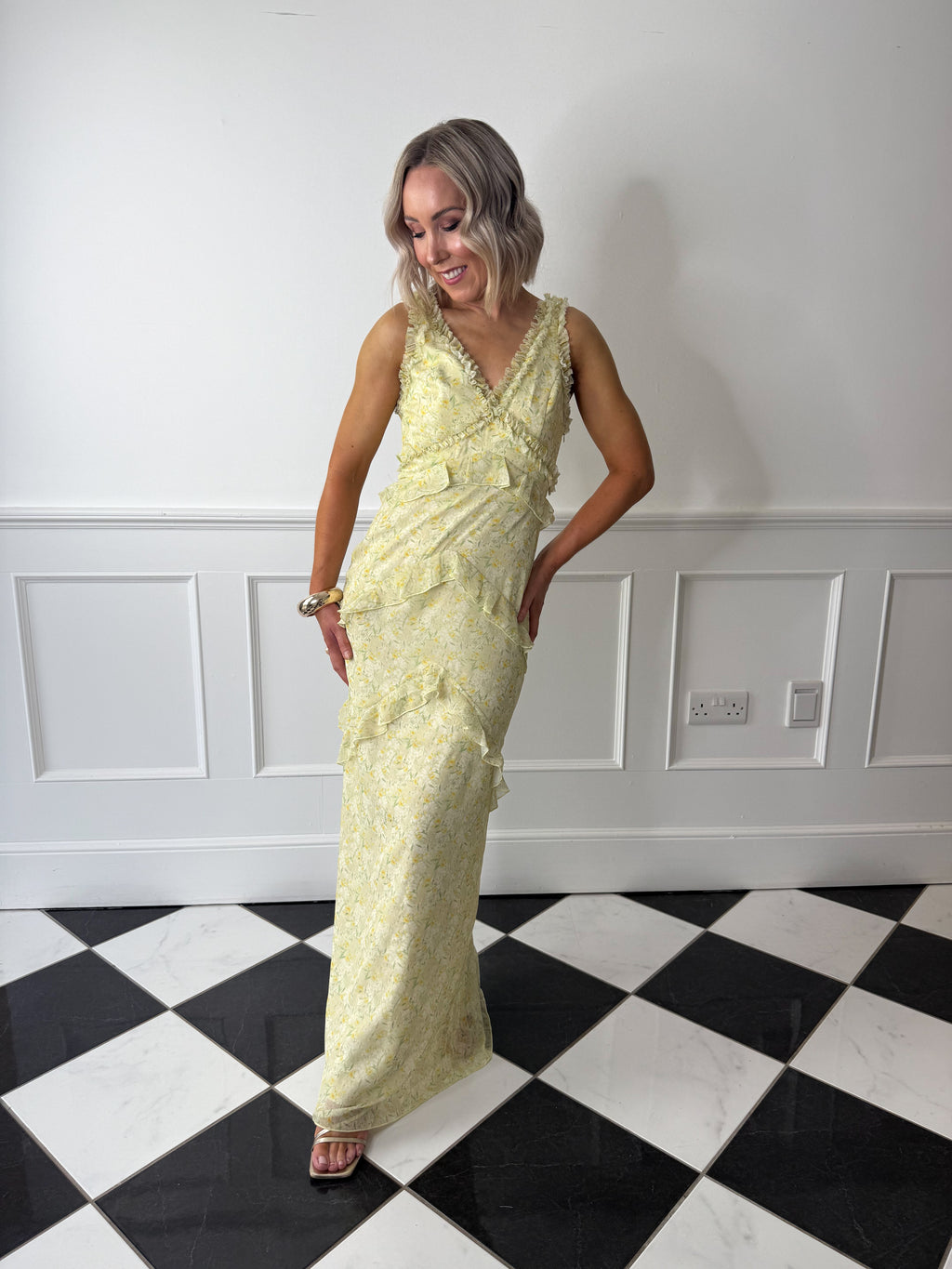 Aurelia Ruffle Maxi Dress - Lime Ditsy Floral