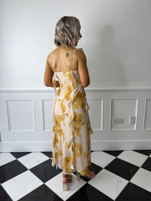 Rya Ruffle Midaxi Dress - Yellow Ochre Floral