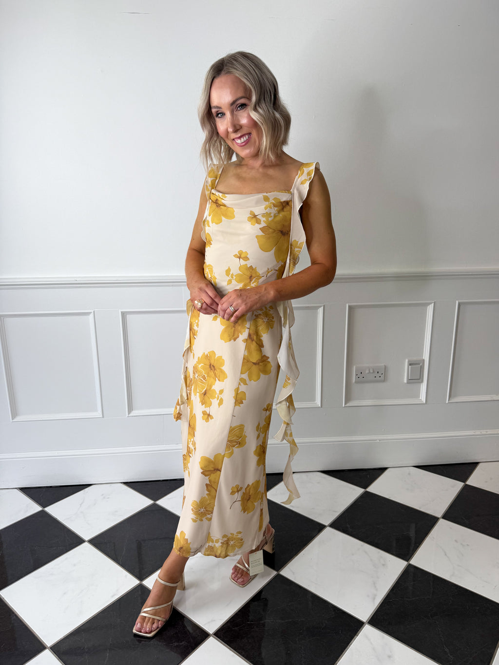 Rya Ruffle Midaxi Dress - Yellow Ochre Floral