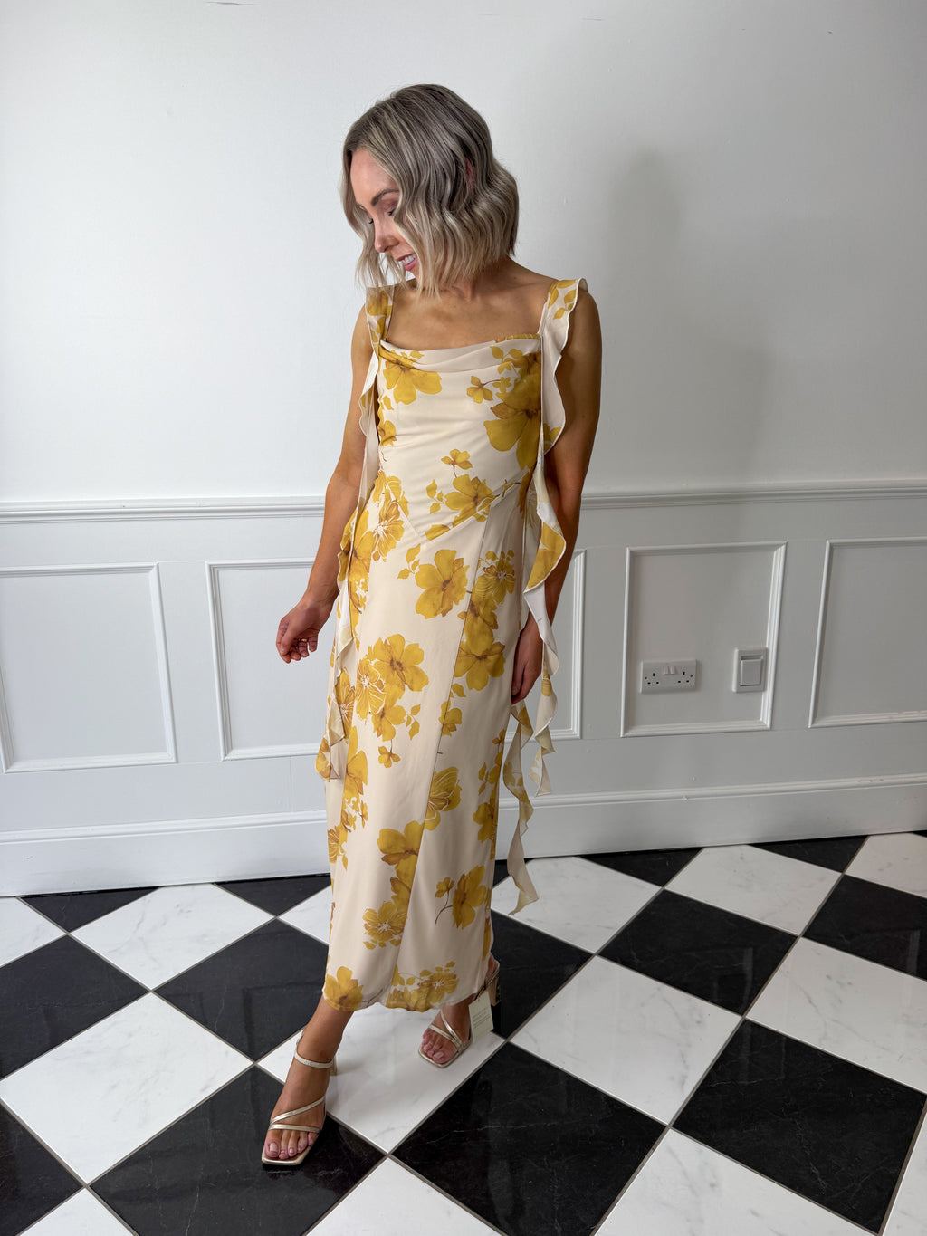 Rya Ruffle Midaxi Dress - Yellow Ochre Floral