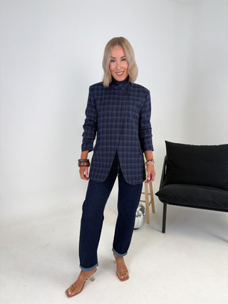 Zina Funnel Neck Blazer - Navy Check