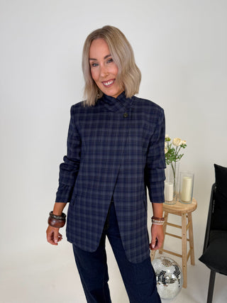 Zina Funnel Neck Blazer - Navy Check