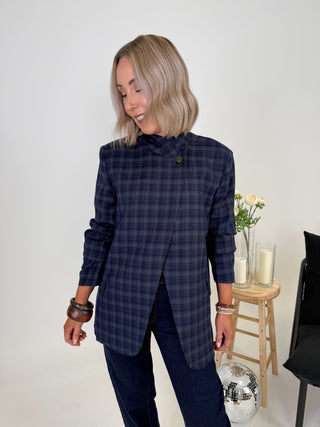 Zina Funnel Neck Blazer - Navy Check
