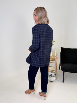 Zina Funnel Neck Blazer - Navy Check