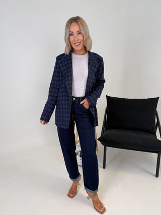 Zina Funnel Neck Blazer - Navy Check