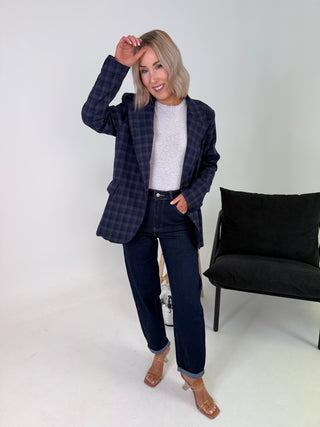 Zina Funnel Neck Blazer - Navy Check
