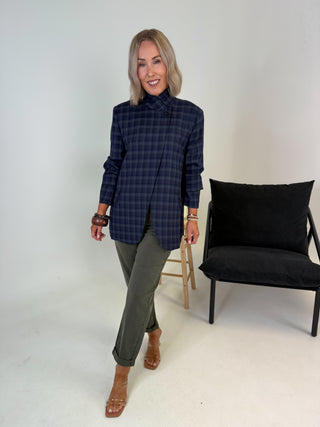 Zina Funnel Neck Blazer - Navy Check