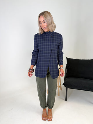 Zina Funnel Neck Blazer - Navy Check