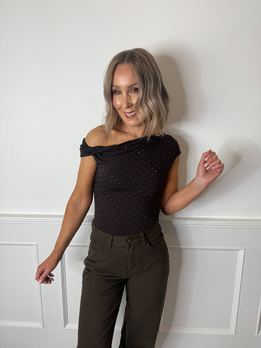 Edie Diamante Off Shoulder Top - Brown