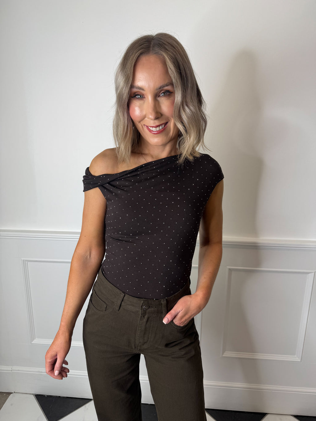 Edie Diamante Off Shoulder Top - Brown