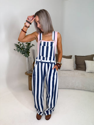 Connie Barrel Leg Dungarees - Navy Stripe