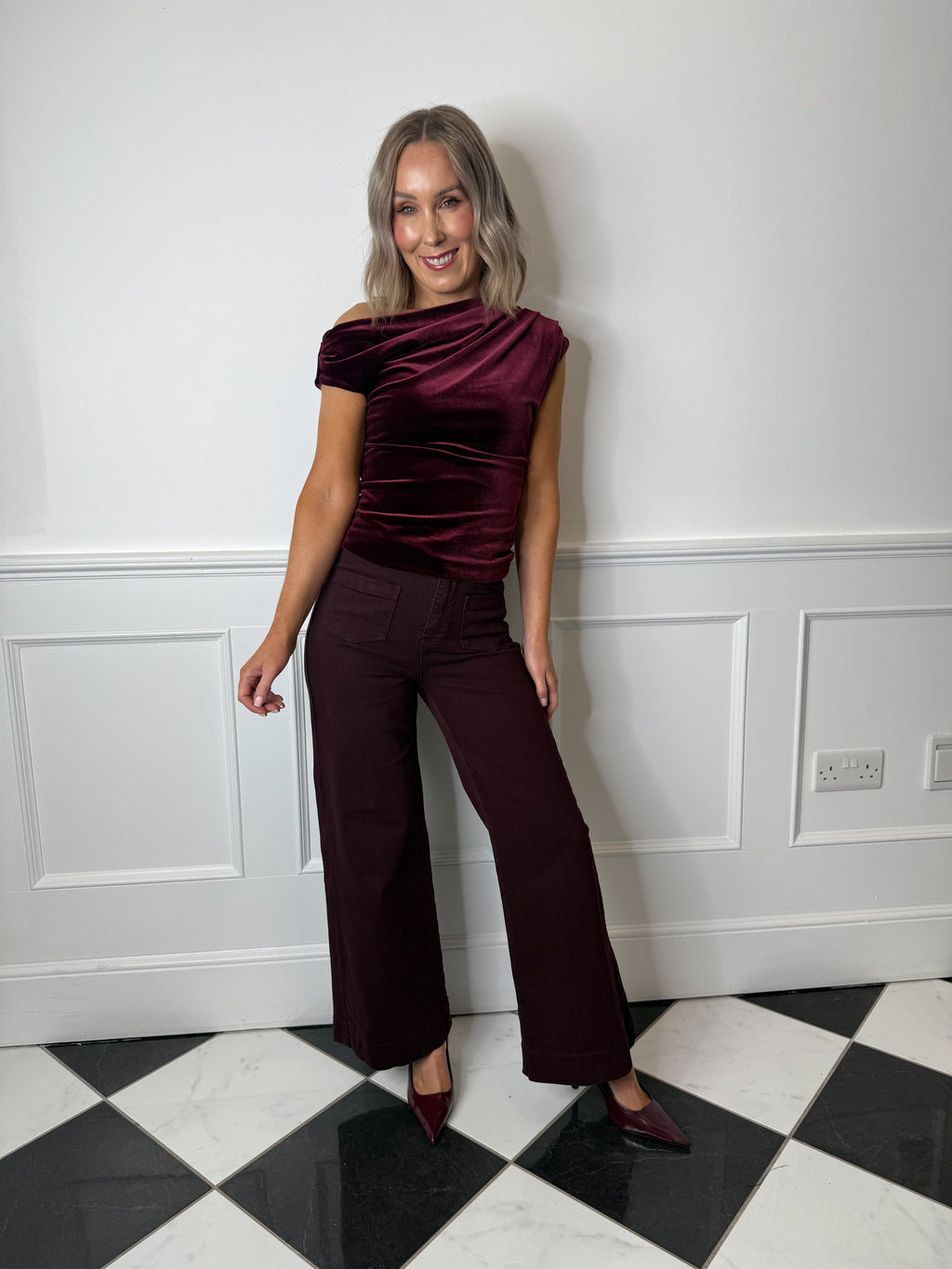 Darla Velvet Off Shoulder Top - Burgundy