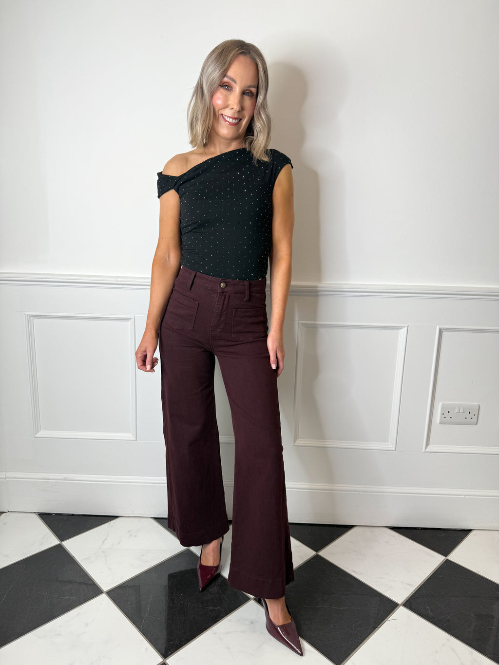 Edie Diamante Off Shoulder Top - Black