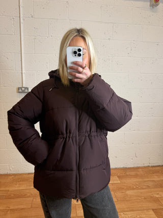 PRE ORDER Rosy Waisted Puffer Jacket - Chocolate Plum