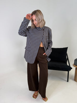 Fifi Funnel Neck Blazer - Brown/Blue Check