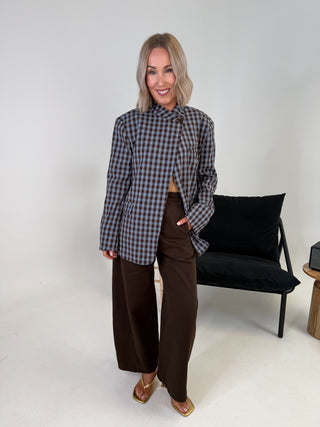 Fifi Funnel Neck Blazer - Brown/Blue Check