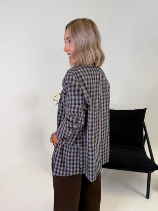Fifi Funnel Neck Blazer - Brown/Blue Check
