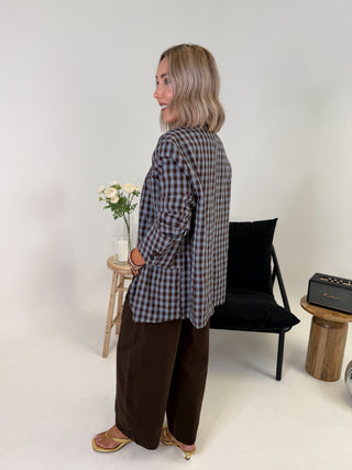 Fifi Funnel Neck Blazer - Brown/Blue Check
