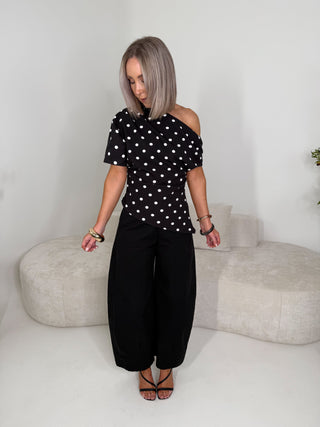 Rae Draped Polka Dot Asymmetric Top - Black