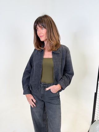 Jenn Black Croc Denim Bomber Jacket
