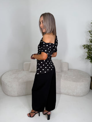 Rae Draped Polka Dot Asymmetric Top - Black