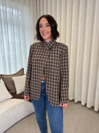 Zina Funnel Neck Blazer - Brown Check