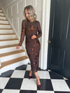 Elodie Floral Embroidered Mesh Bodycon Dress - Brown