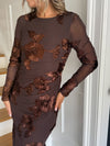 Elodie Floral Embroidered Mesh Bodycon Dress - Brown