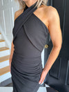 Bessie Halter Neck Black Side Split Midi Dress - Black