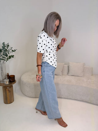 Rae Draped Polka Dot Asymmetric Top - White