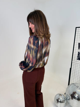 Lennie Wrap Blouse - Khaki/Brown Abstract