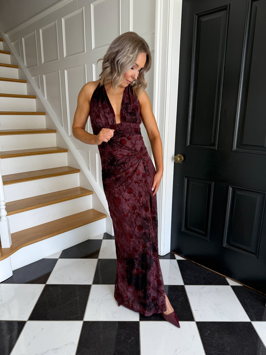 Asha Tie Neck Dress - Burgundy/Black