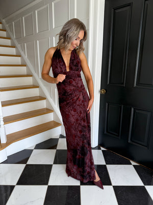 Asha Tie Neck Dress - Burgundy/Black