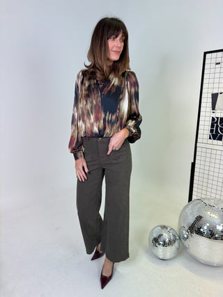 Lennie Wrap Blouse - Khaki/Brown Abstract