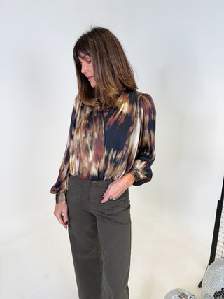 Lennie Wrap Blouse - Khaki/Brown Abstract